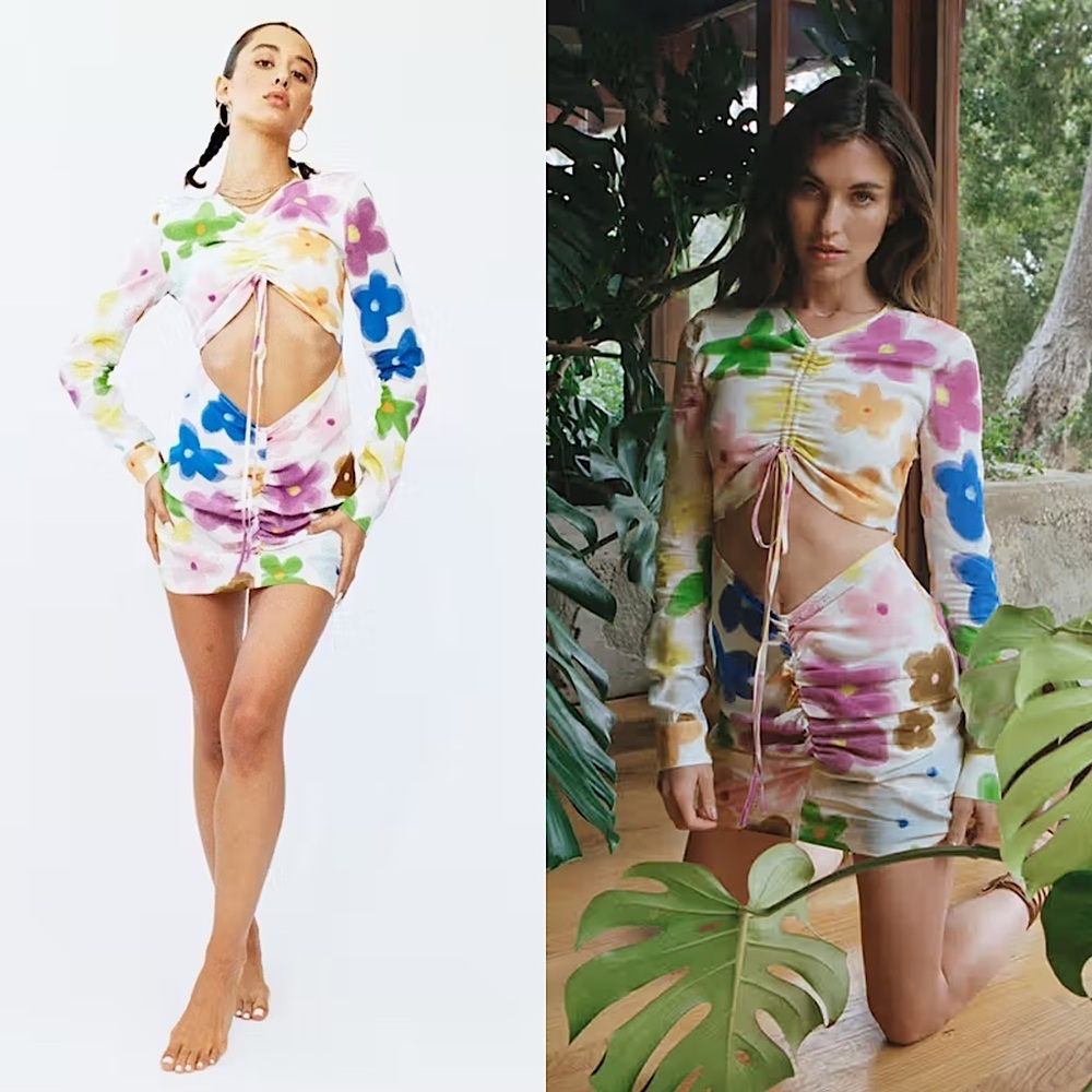 WITH JEAN Floral Print Long Sleeve Cutout Ruched Tie Front Bodycon Mini Dress S